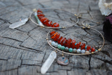 Load image into Gallery viewer, Baltic Amber & Moss Agate large hoop earrings