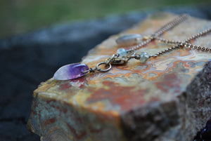 Amethyst & Moss Agate Sterling Silver long beaded necklace