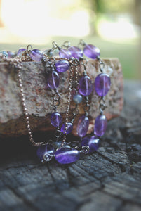 Amethyst & Moss Agate Sterling Silver long beaded necklace