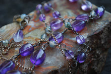 Load image into Gallery viewer, Amethyst &amp; Moss Agate Sterling Silver long beaded necklace
