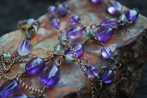 Amethyst & Moss Agate Sterling Silver long beaded necklace