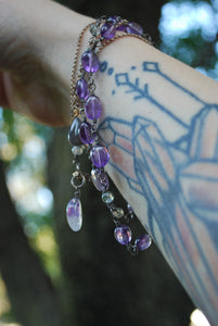 Amethyst & Moss Agate Sterling Silver long beaded necklace