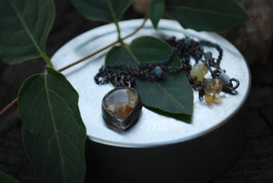 Teardrop Golden Rutile Quartz Necklace featuring Ethiopian Opals & Aquamarine