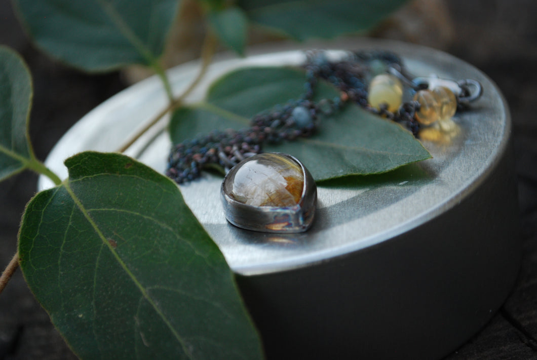 Teardrop Golden Rutile Quartz Necklace featuring Ethiopian Opals & Aquamarine