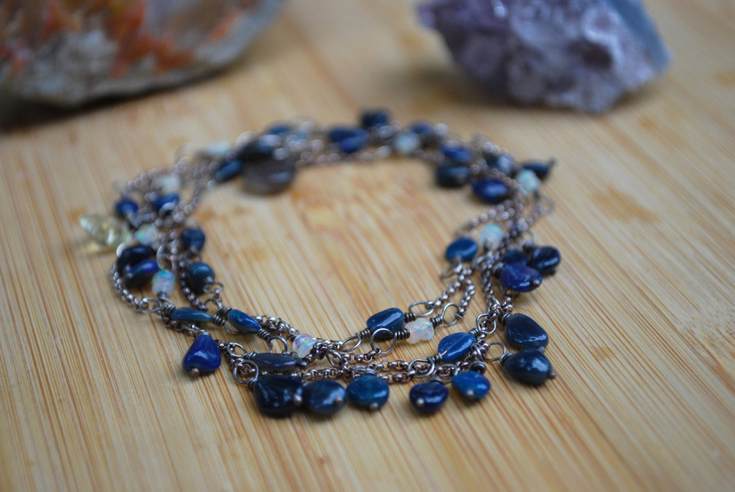 Blue Ethiopian Opal & Sterling Silver long beaded necklace