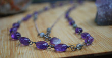 Load image into Gallery viewer, Amethyst &amp; Moss Agate Sterling Silver long beaded necklace

