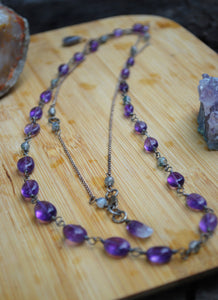Amethyst & Moss Agate Sterling Silver long beaded necklace