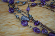 Load image into Gallery viewer, Amethyst &amp; Moss Agate Sterling Silver long beaded necklace

