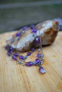 Amethyst & Moss Agate Sterling Silver long beaded necklace