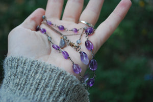 Amethyst & Moss Agate Sterling Silver long beaded necklace