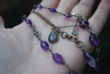 Load image into Gallery viewer, Amethyst &amp; Moss Agate Sterling Silver long beaded necklace
