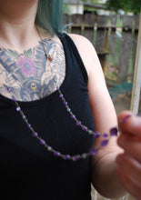 Load image into Gallery viewer, Amethyst &amp; Moss Agate Sterling Silver long beaded necklace
