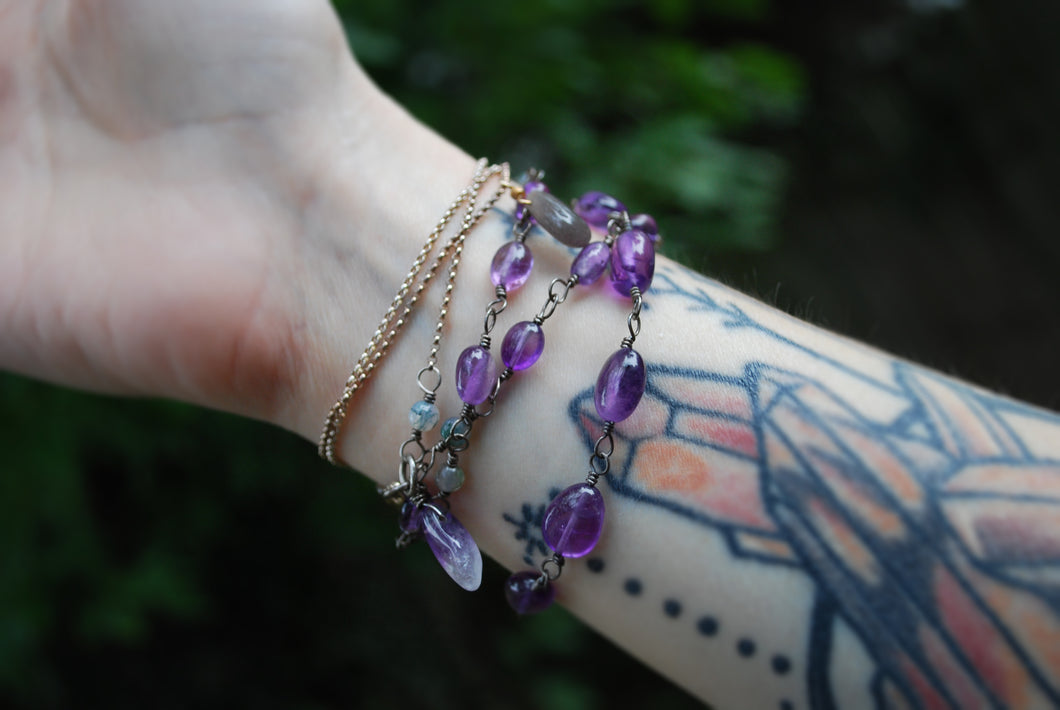 Amethyst & Moss Agate Sterling Silver long beaded necklace