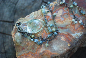 Phantom Quartz & Moss Aquamarine long beaded necklace