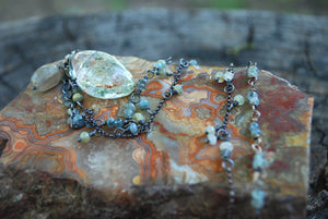 Phantom Quartz & Moss Aquamarine long beaded necklace