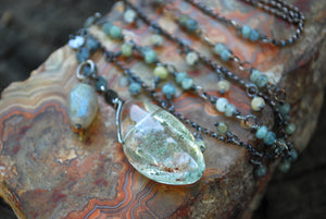 Phantom Quartz & Moss Aquamarine long beaded necklace