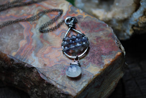Wire Wrapped Iolite & Moonstone Sterling Silver Tear Drop Necklace