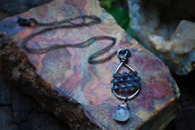 Load image into Gallery viewer, Wire Wrapped Iolite &amp; Moonstone Sterling Silver Tear Drop Necklace
