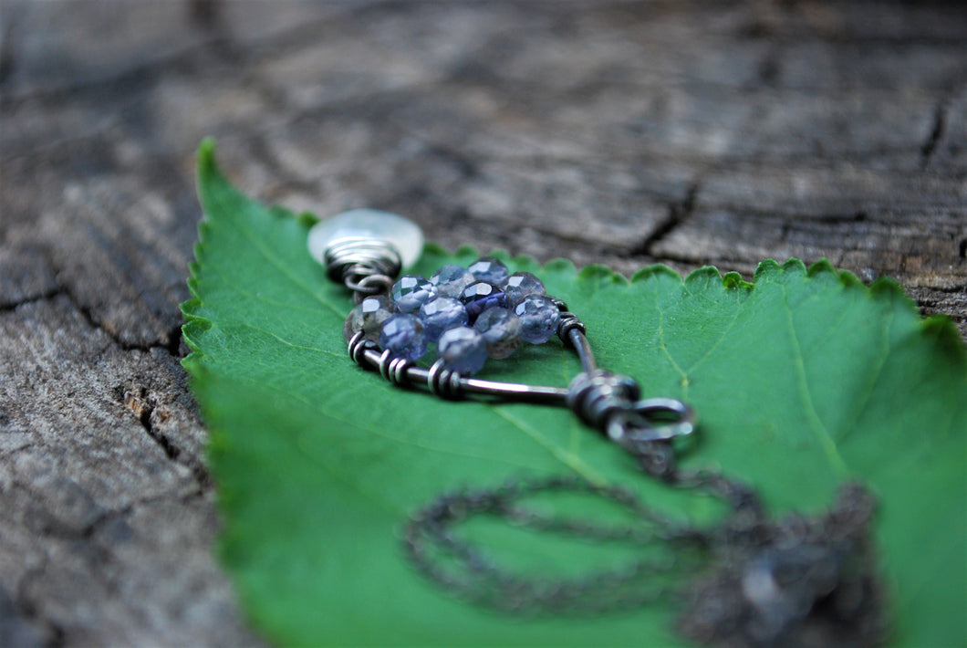 Wire Wrapped Iolite & Moonstone Sterling Silver Tear Drop Necklace