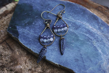 Load image into Gallery viewer, Woven dangle earrings with labradorite, iolite, &amp; silvered jet czech glass feathers
