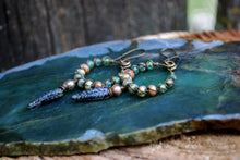 Load image into Gallery viewer, Woven dangle earrings, silvered jet black leaves, old world czech glass
