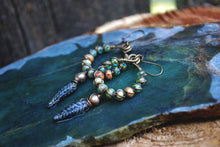 Load image into Gallery viewer, Woven dangle earrings, silvered jet black leaves, old world czech glass
