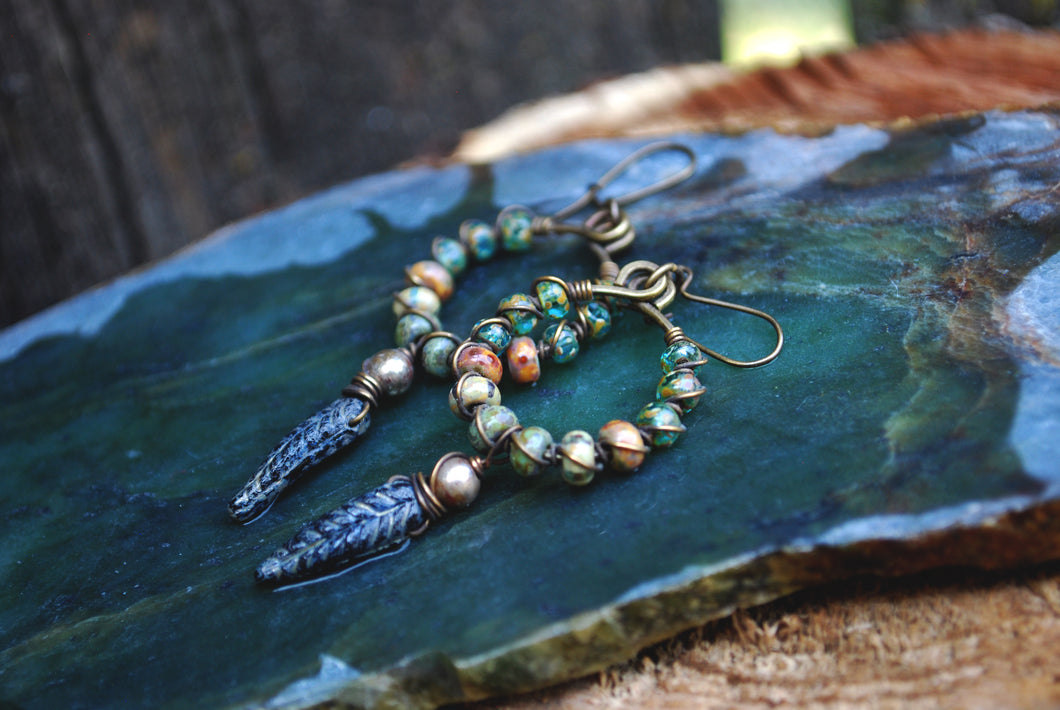 Woven dangle earrings, silvered jet black leaves, old world czech glass