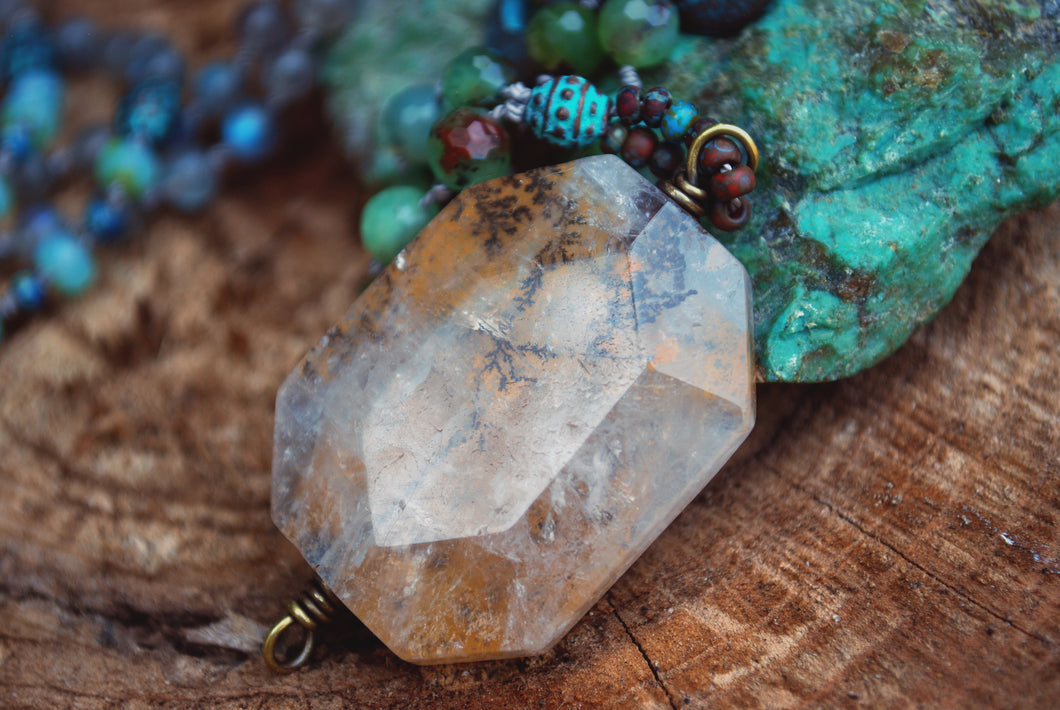 Dendrite quartz & chrysoprase knotted silk necklace