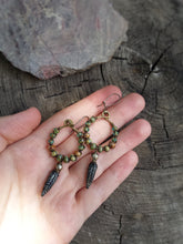 Load image into Gallery viewer, Woven dangle earrings, silvered jet black leaves, old world czech glass
