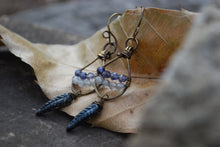 Load image into Gallery viewer, Woven dangle earrings with labradorite, iolite, &amp; silvered jet czech glass feathers
