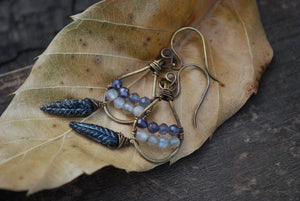 Woven dangle earrings with labradorite, iolite, & silvered jet czech glass feathers
