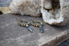 Load image into Gallery viewer, Woven dangle earrings, silvered jet black leaves, old world czech glass
