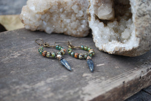 Woven dangle earrings, silvered jet black leaves, old world czech glass