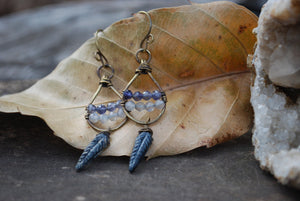 Woven dangle earrings with labradorite, iolite, & silvered jet czech glass feathers