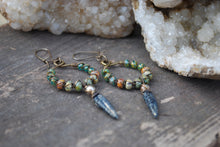 Load image into Gallery viewer, Woven dangle earrings, silvered jet black leaves, old world czech glass
