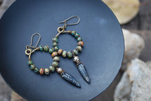 Load image into Gallery viewer, Woven dangle earrings, silvered jet black leaves, old world czech glass
