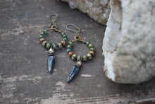 Load image into Gallery viewer, Woven dangle earrings, silvered jet black leaves, old world czech glass
