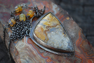 Crazy lace agate & Ethiopian opal sterling silver pendant necklace