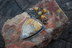 Crazy lace agate & Ethiopian opal sterling silver pendant necklace
