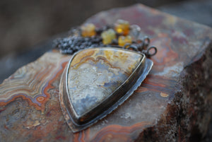 Crazy lace agate & Ethiopian opal sterling silver pendant necklace