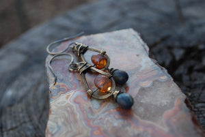 Oxidized brass mauve tear drop earrings