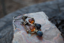 Load image into Gallery viewer, Oxidized brass mauve tear drop earrings
