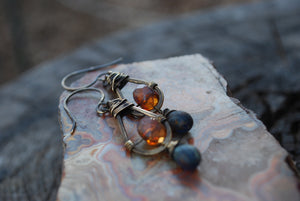 Oxidized brass mauve tear drop earrings