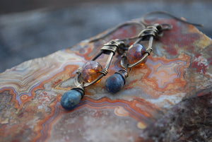 Oxidized brass mauve tear drop earrings