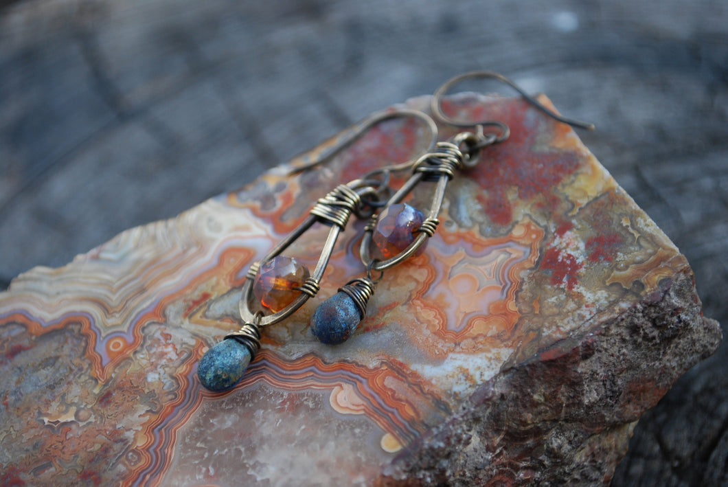 Oxidized brass mauve tear drop earrings