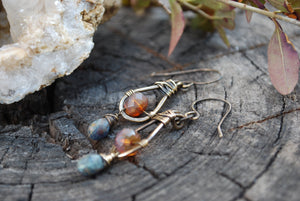 Oxidized brass mauve tear drop earrings