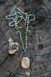 Dendrite quartz & chrysoprase knotted silk necklace
