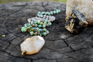 Dendrite quartz & chrysoprase knotted silk necklace